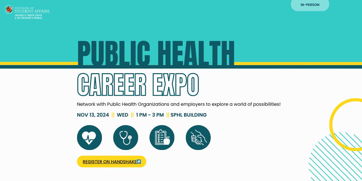 Blue and white colors are sandwhiched together, with a yellow line across the middle, and two circles floating in the bottom right corner. The text in the middle of the image [provides details for the "Public Health Career Expo"" already included in the event description.