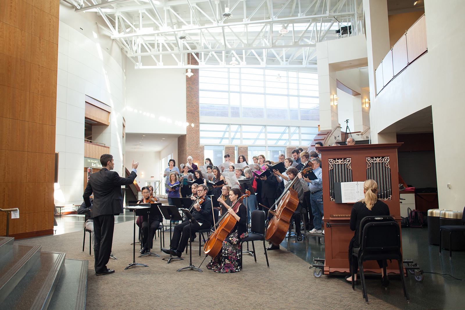 Music students sing in the Clarice's Grand Pavilion.