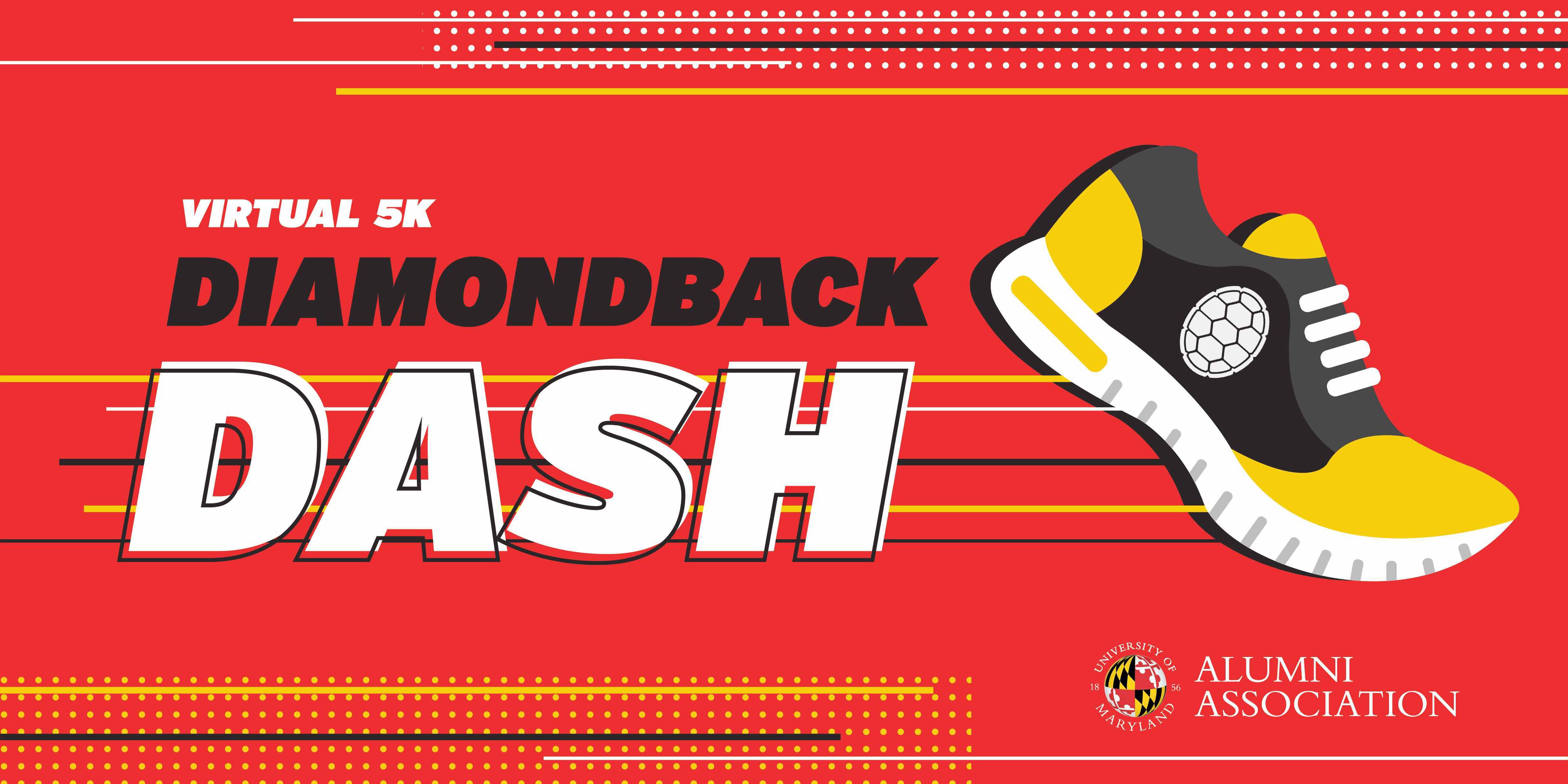 Illustration of a sneaker with the words Virtual 5K Diamondback Dash and the Alumni Association logo