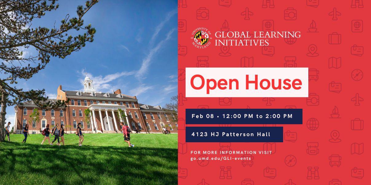 Global Learning Initiatives Open House flyer. Thursday 8th, February at 12pm.