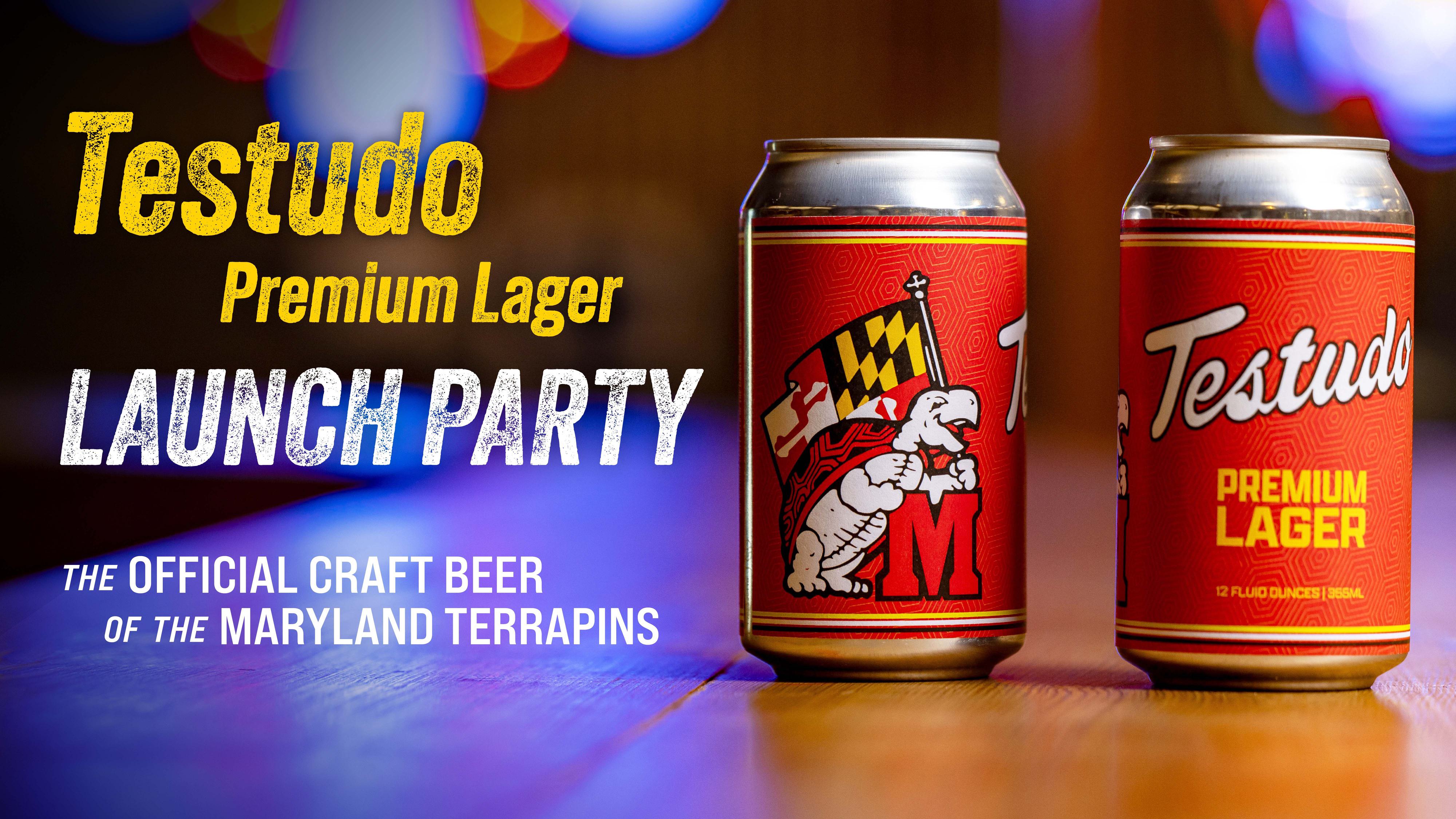 Testudo Premium Lager Launch Party displaying two different sides of the can.