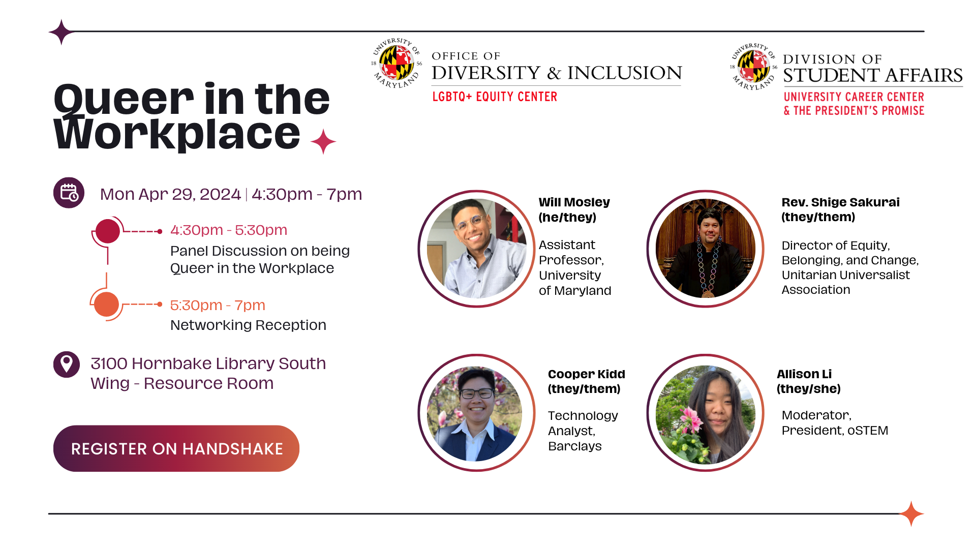 Queer in the Workplace promotion featuring event and panelist details.