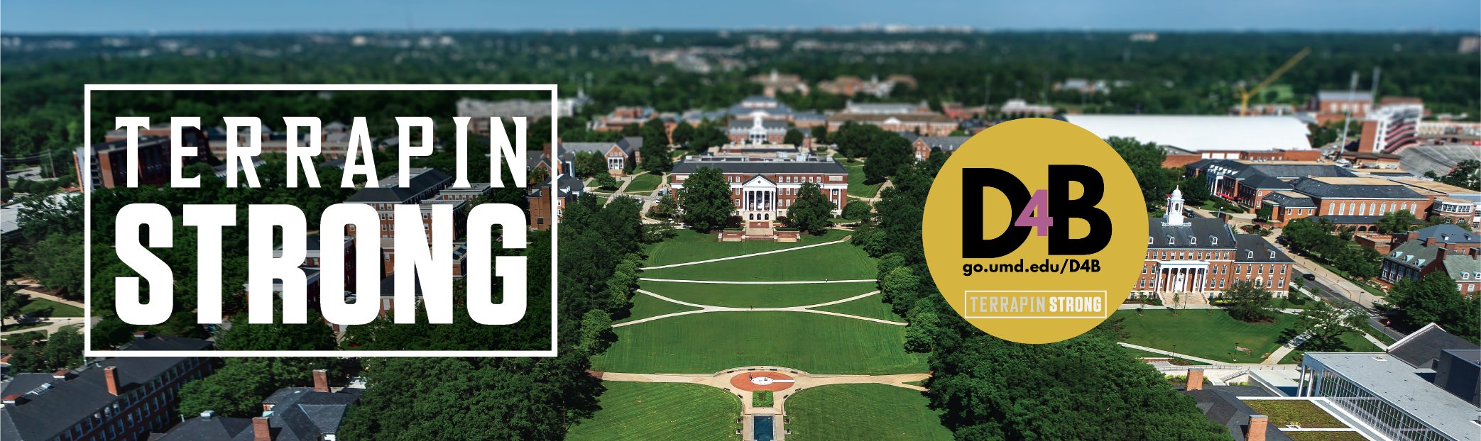 TerrapinSTRONG & Design for Belonging Logos laid over photo of McKeldin Mall