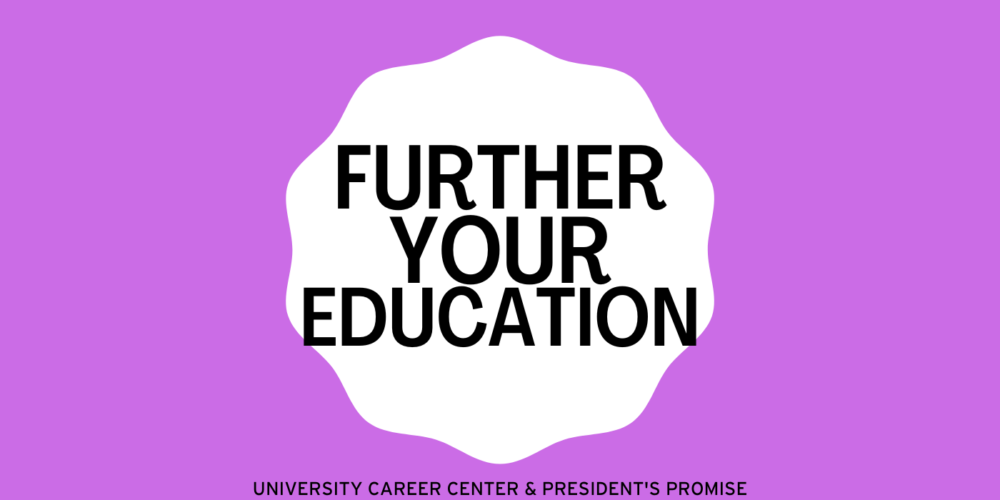 Photo that says, "Further Your Education". Has a purple background with big white cloud shape surrounding bolded black letters.