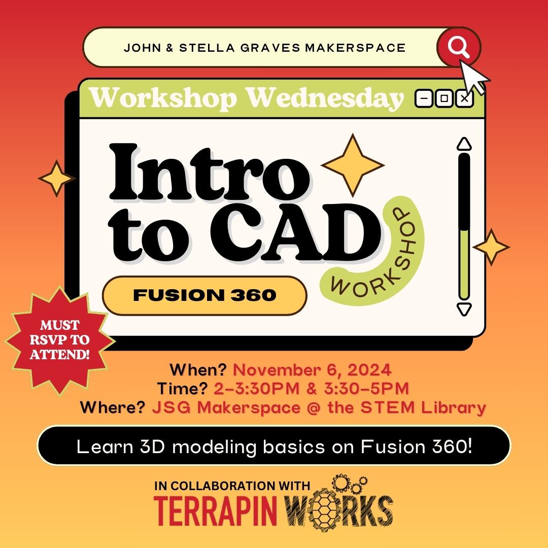 Graphic for CAD workshop at makerspace in STEM Library