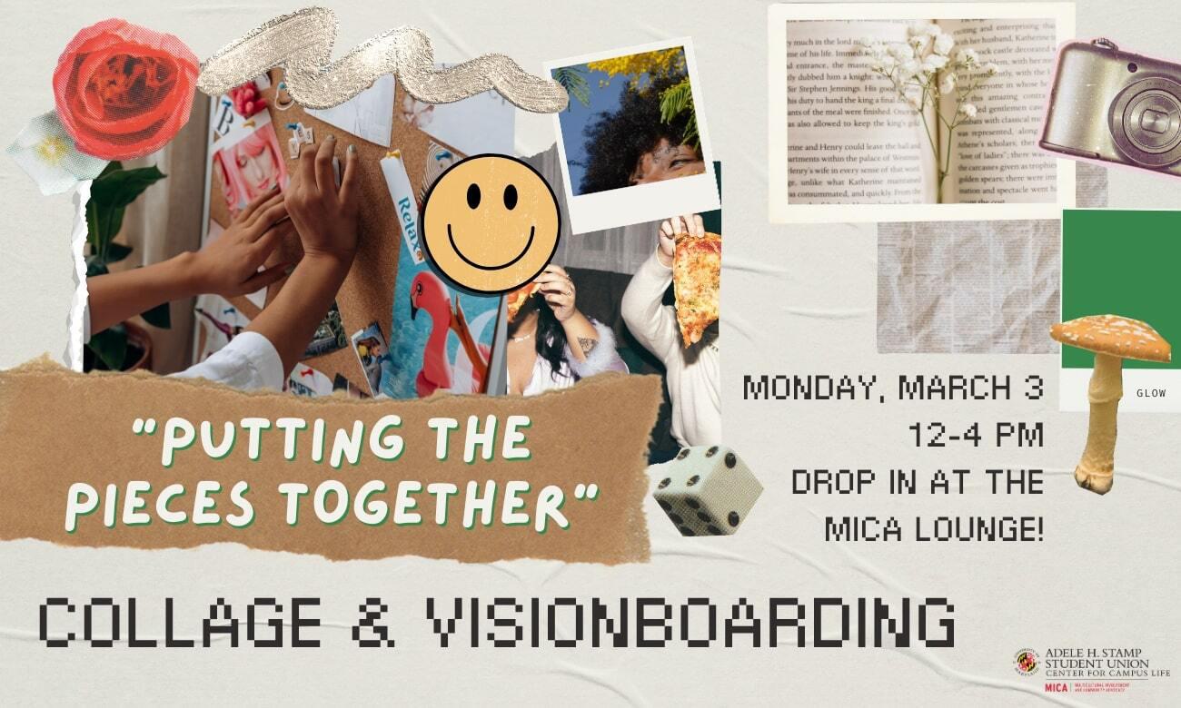 Putting the Pieces Together: Collage & Visionboarding cover photo. The image contains a collage-like assortment of different photos of a mushroom, classroom, open book, film camera, dice, and flower.