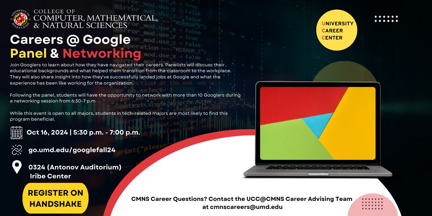 A laptop is positioned in the center of the image with a Google wallpaper background. The image also includes event details already shared in the event post.