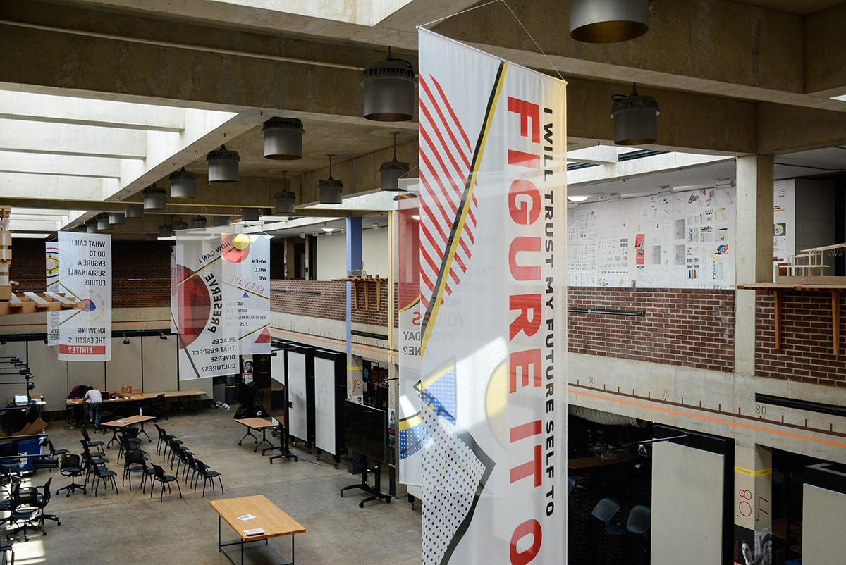 Banners handing in the Great Space, Architecture Building