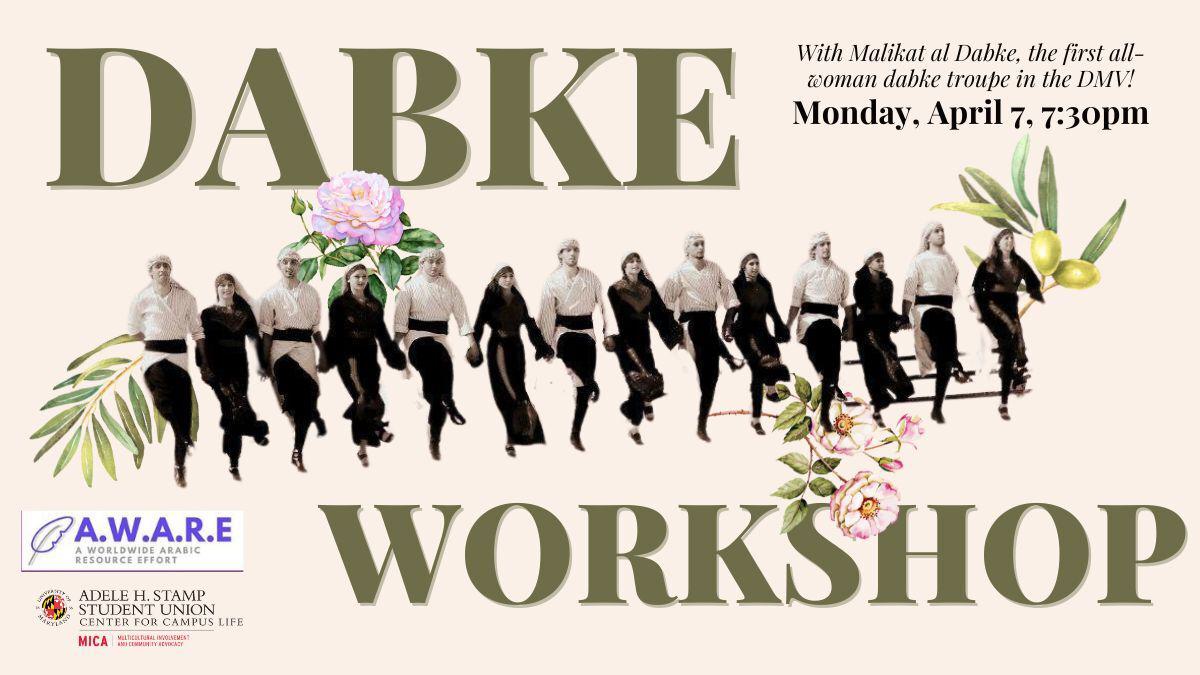 DABKE WORKSHOP flyer, featuring black and white vintage image of men and women dancing dabke