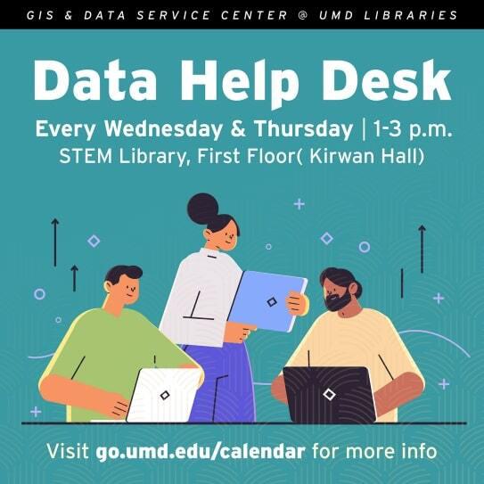 Data Help Desk Icon with Data Help Desk Every Wednesday and Thursday 1pm to 3pm STEM Library, First Floor (Kirwan Hall) Visit go.umd.edu/calendar for more info in white text on a blue background. Image includes a cartoon depiction of three people working on laptops together.