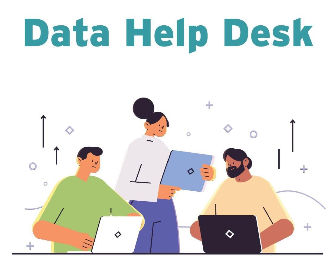 Data Help Desk in blue font on a white background. Three people are depicted collaborating with laptops