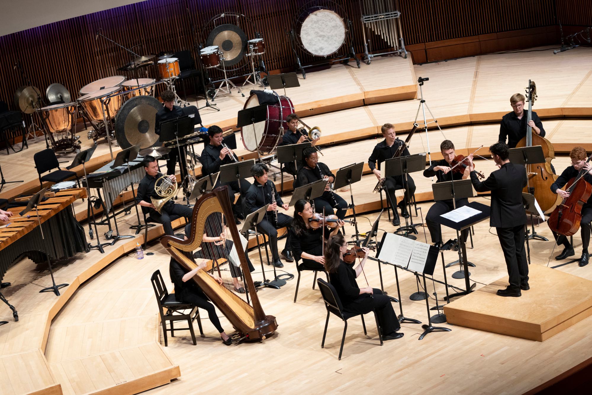 An orchestra performs on stage.