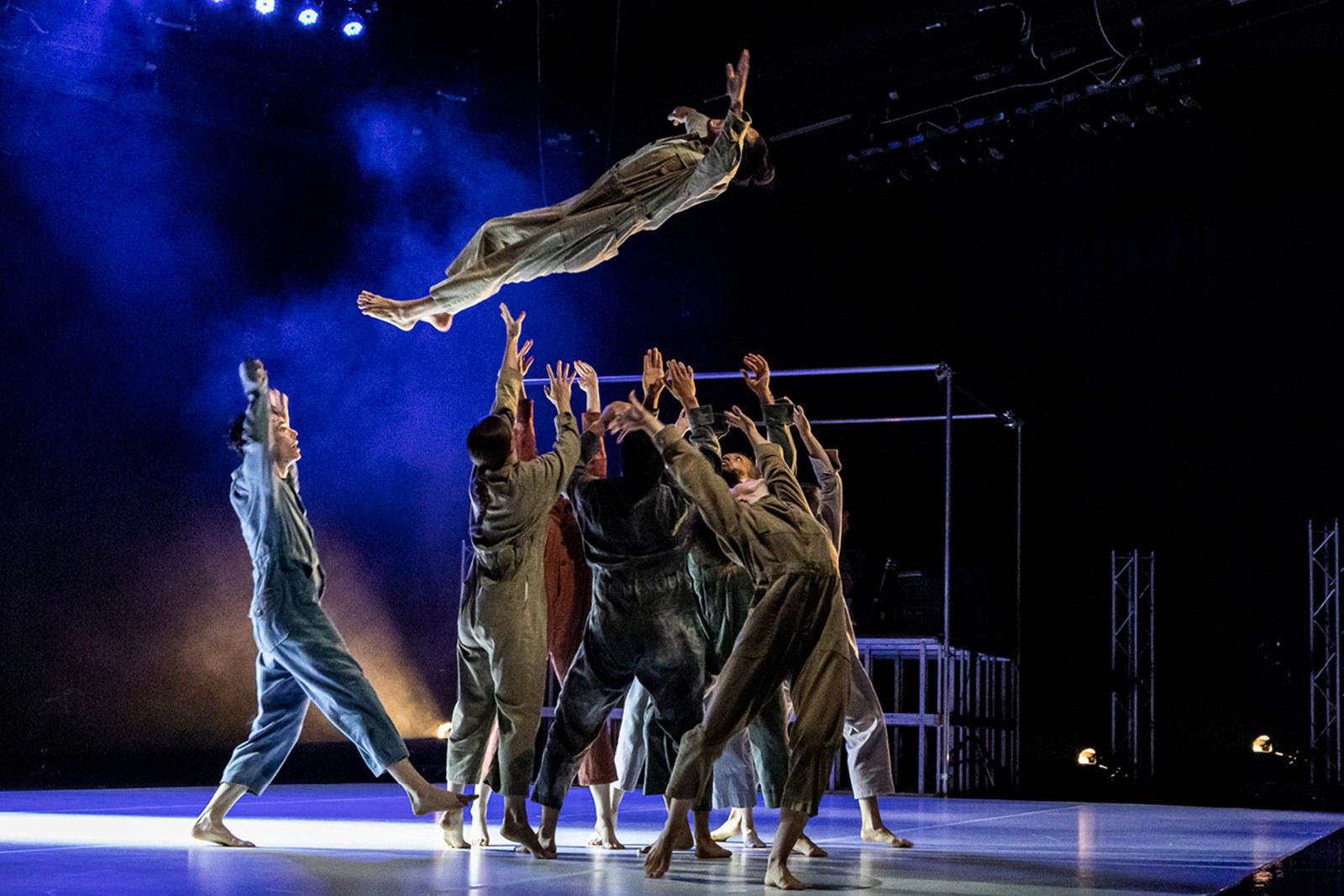 A group of dancers extend their arms above their heads to catch another dancer.