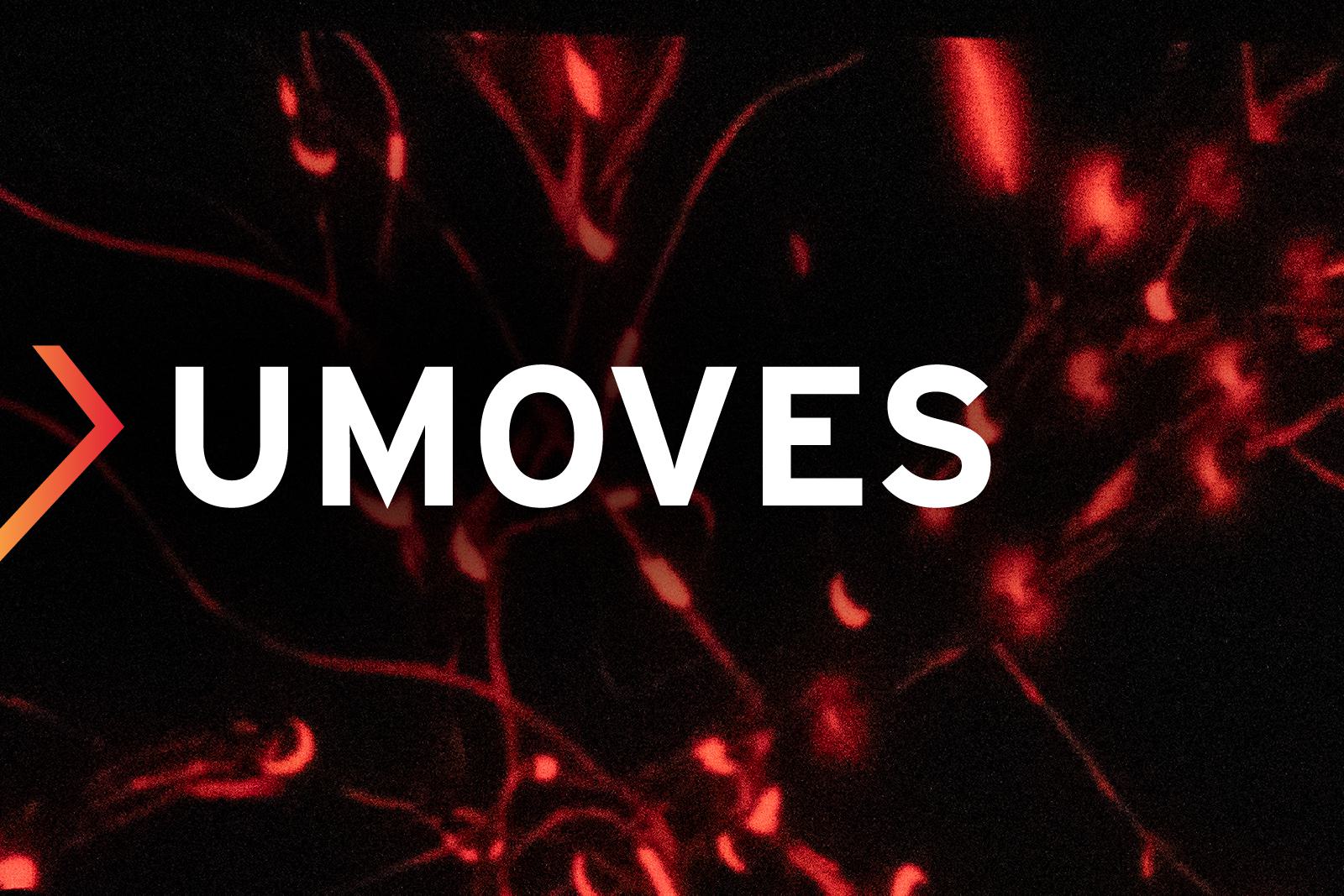 A black and red tie dye background with text overlay, UMoves.