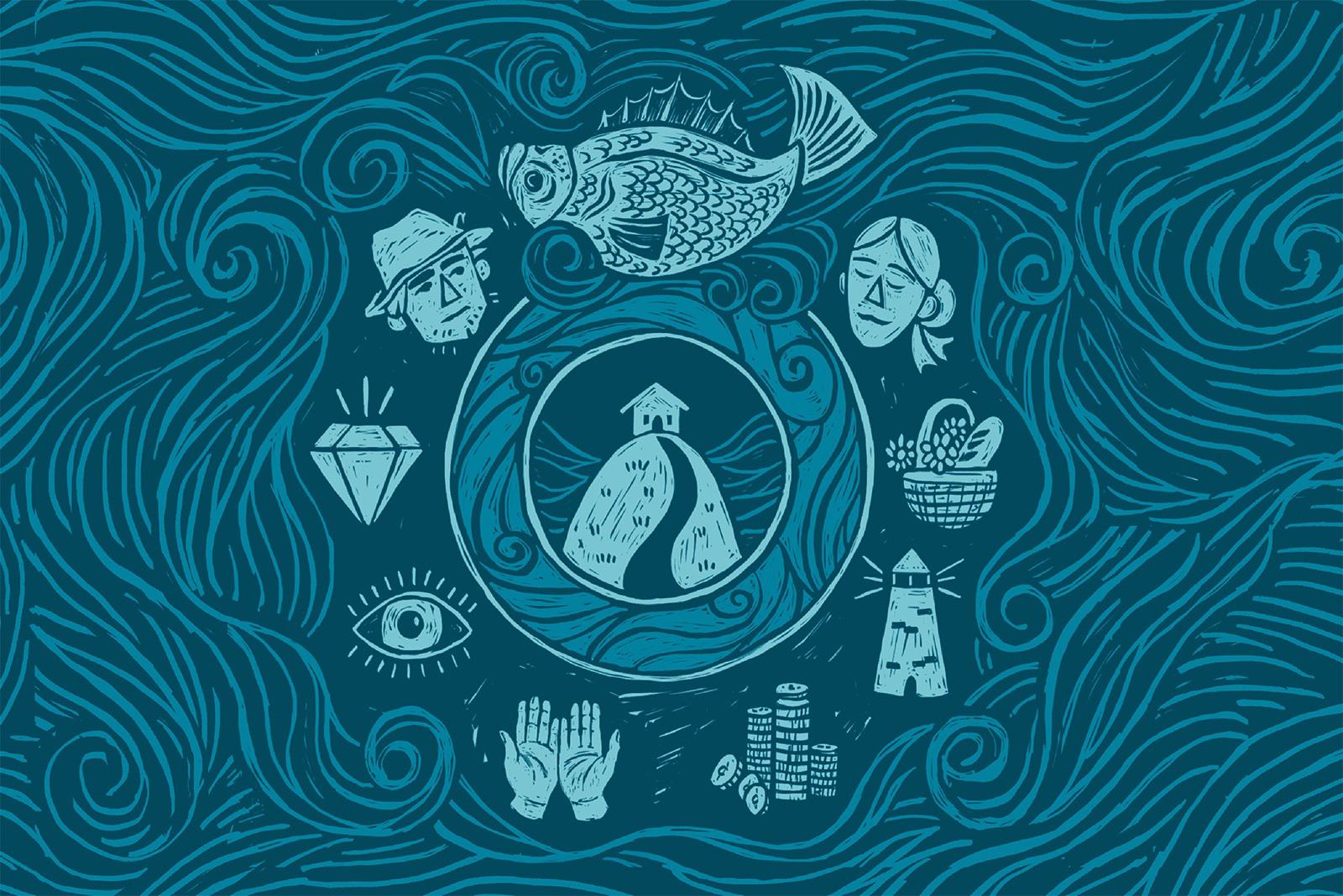 A blue artwork with wave patterns and fishing icons.