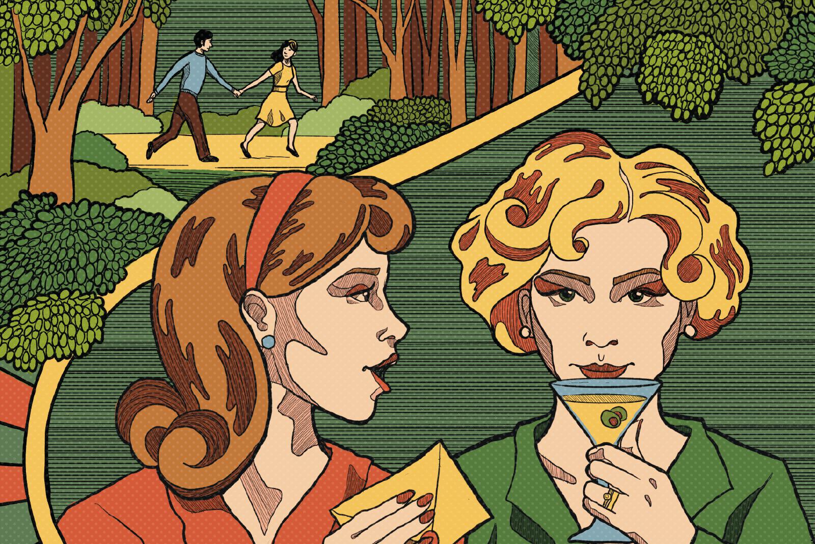 Illustration of two women interacting with each other, while a couple is in the background running frolicking.