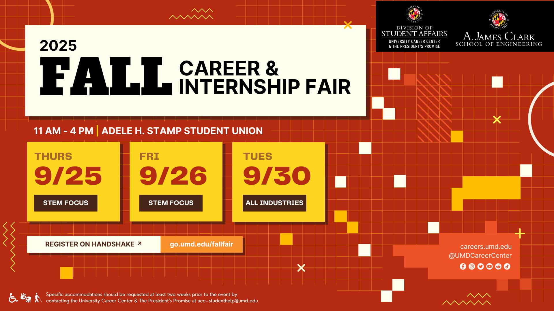 Details for the Fall Career & Internship Fair are detailed and surrounded by video game themed graphics.