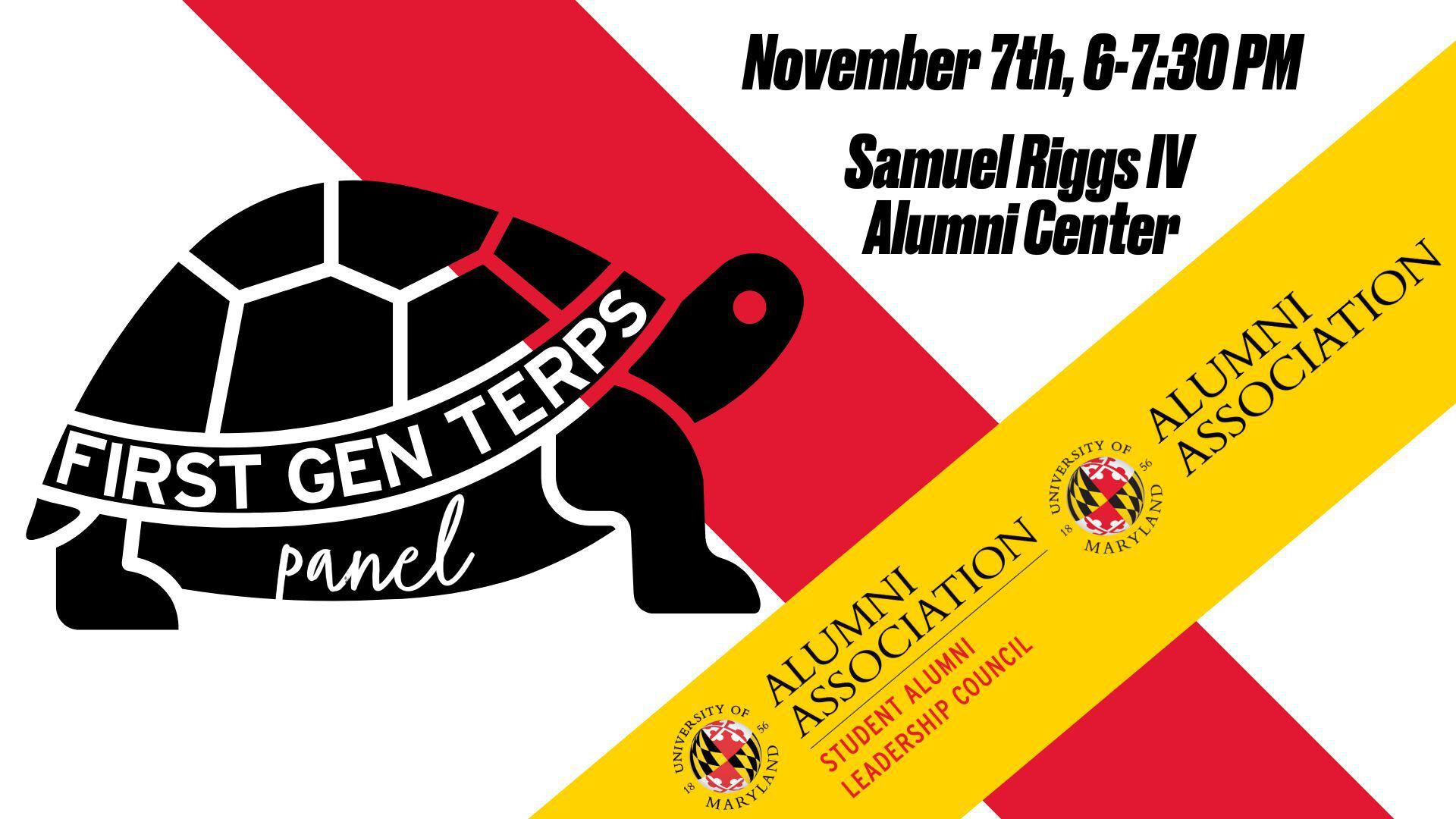 Cartoon photo of turtle with "First Gen Terps Panel" written in its shell and yellow ribbon with Alumni Association and SALC logo embedded.