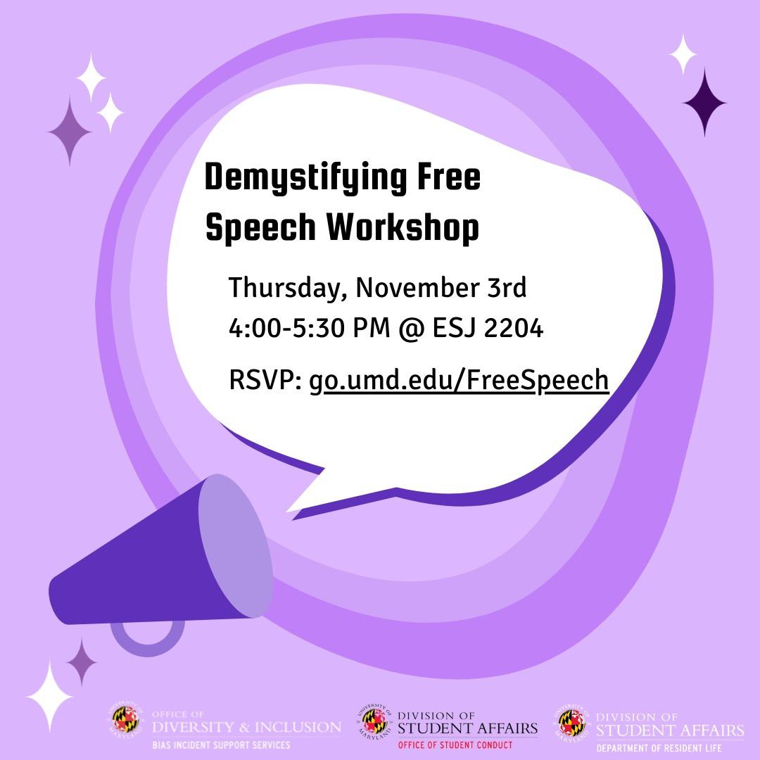 A cheerleading megaphone with a speech bubble coming out of it. Inside the speech bubble are event details for the Demystifying Free Speech workshop