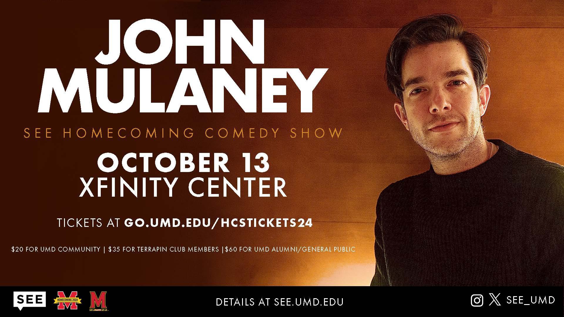 An Image of John Mulaney sitting smiling with text about the event