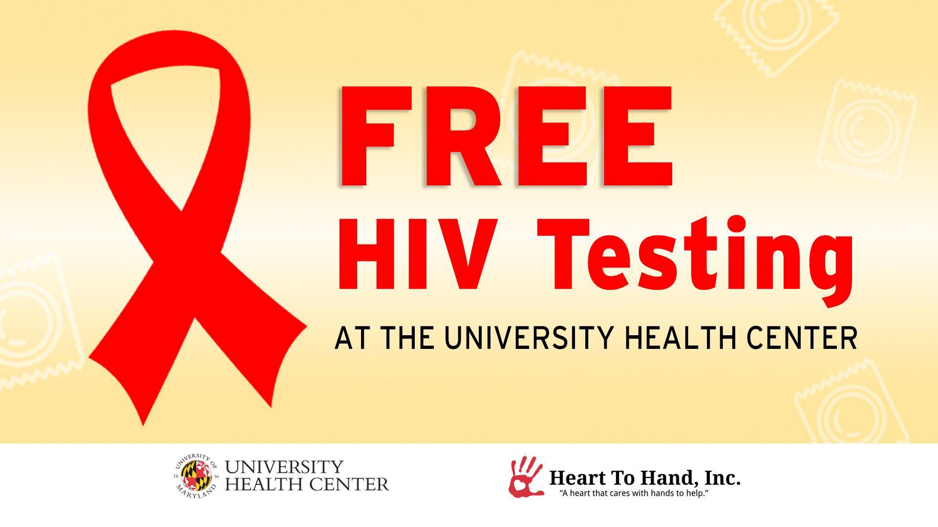 Graphic reading FREE HIV and STI Testing ATTHE UNIVERSITY HEALTH CENTER with a red ribbon and the logos for UHC and heart 2 hand