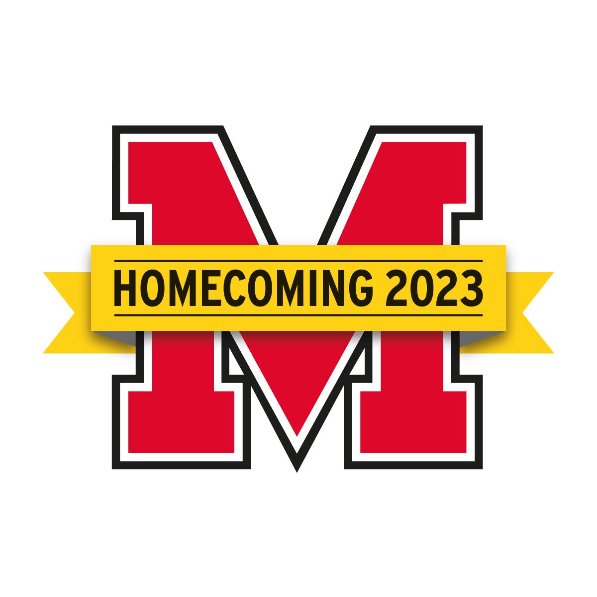 A red Maryland M with a yellow banner that reads Homecoming 2023