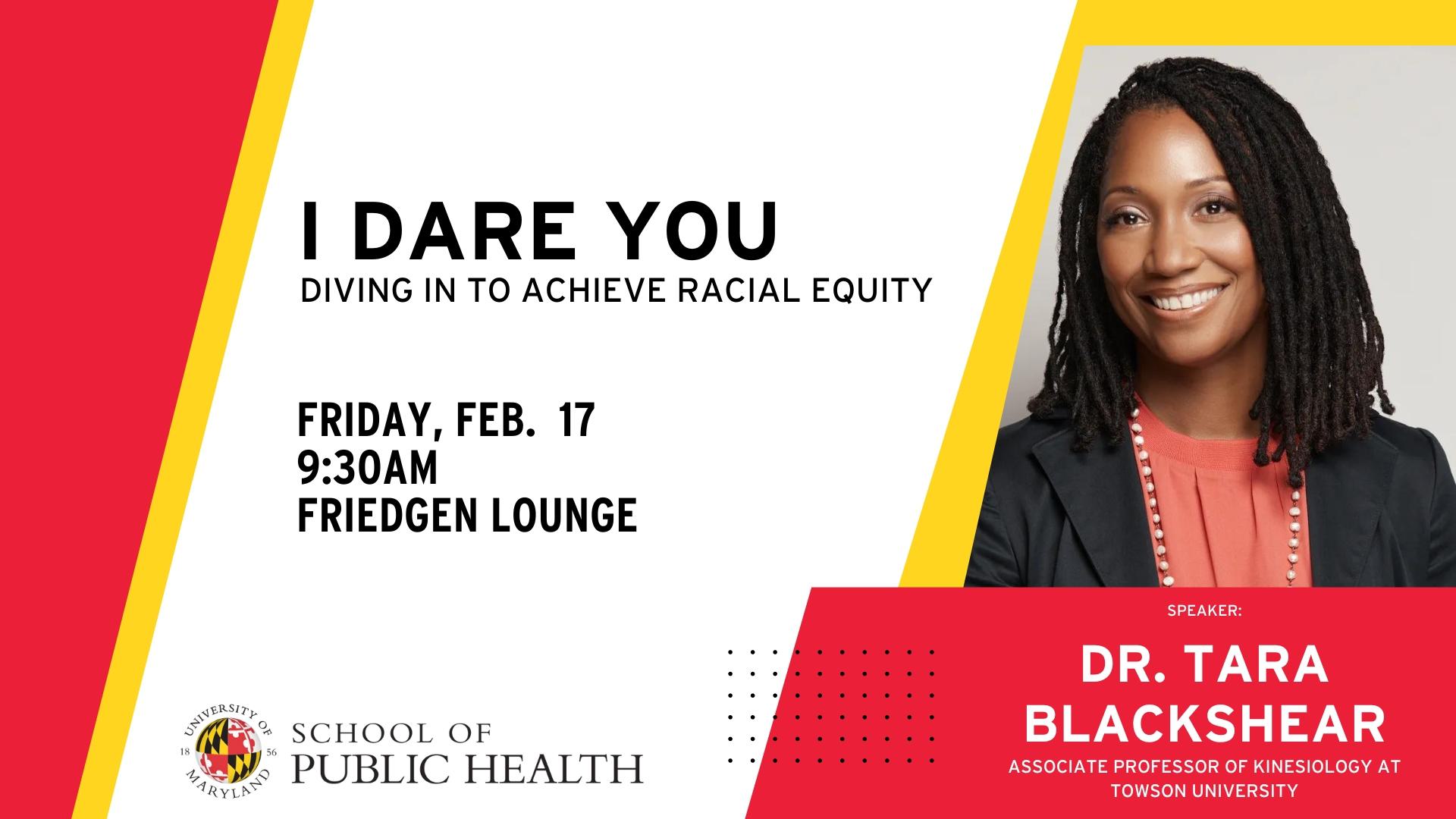 Event flyer with UMD color way that shares the basic event details and headshot image of speaker who is an African American woman in business attire.