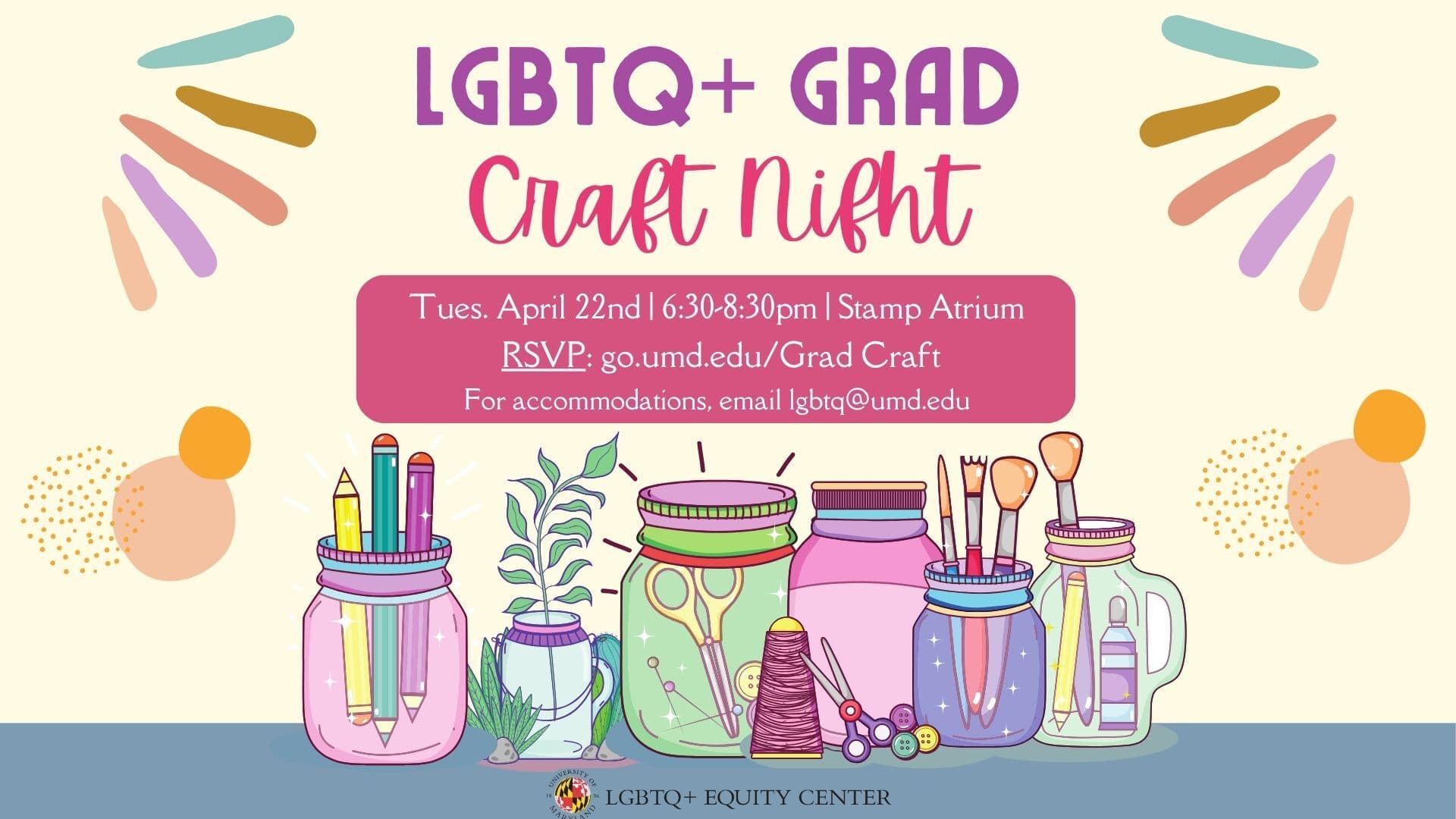 Banner graphic with colorful jars of craft supplies and event details for LGBTQ+ Grad Craft Night.