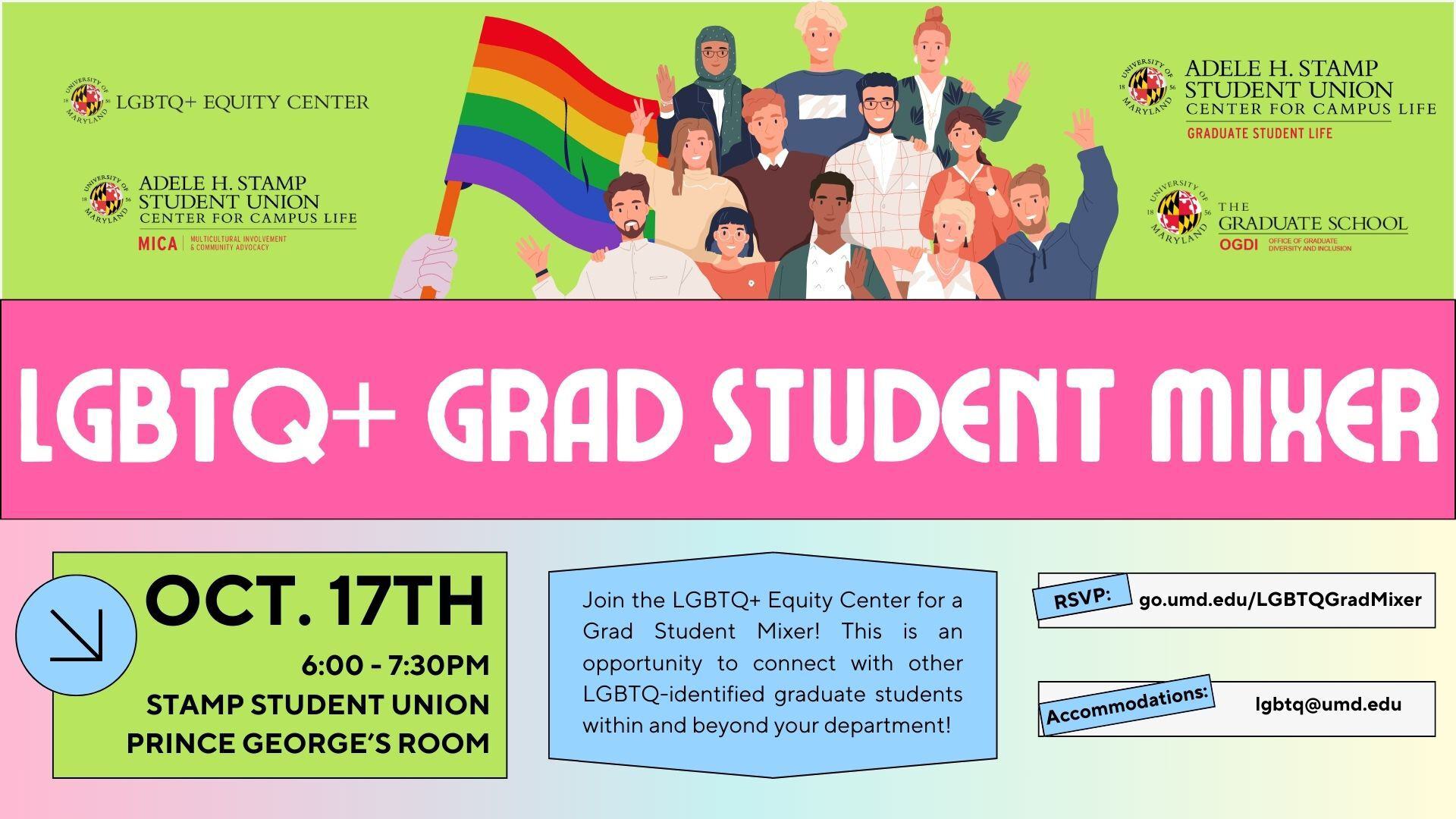 Banner image with cartoon people standing in front of a pride flag. Includes event details for the LGBTQ+ Grad Mixer.