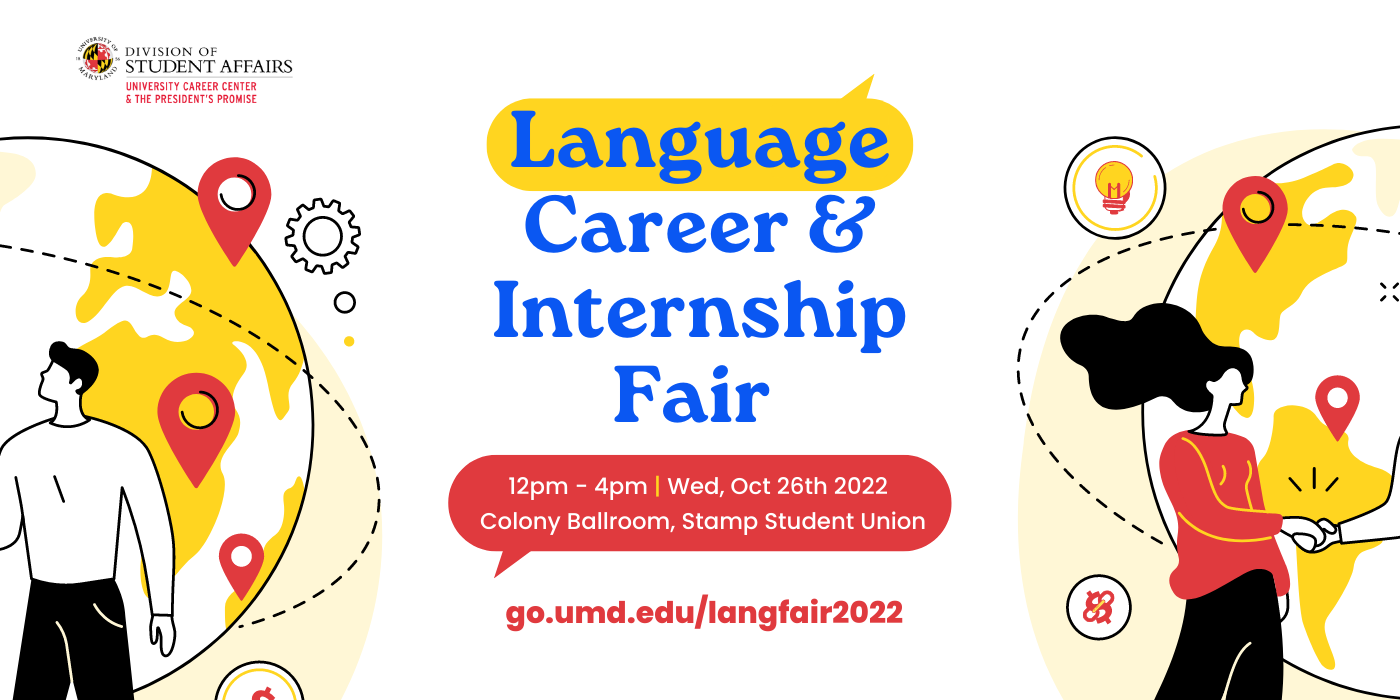 Colorful promotional image that is promoting the Language Career & Internship Fair. On both sides of the image there are globes with drawn people shaking hands. The image also includes the date and time of the event, and a link for more information.
