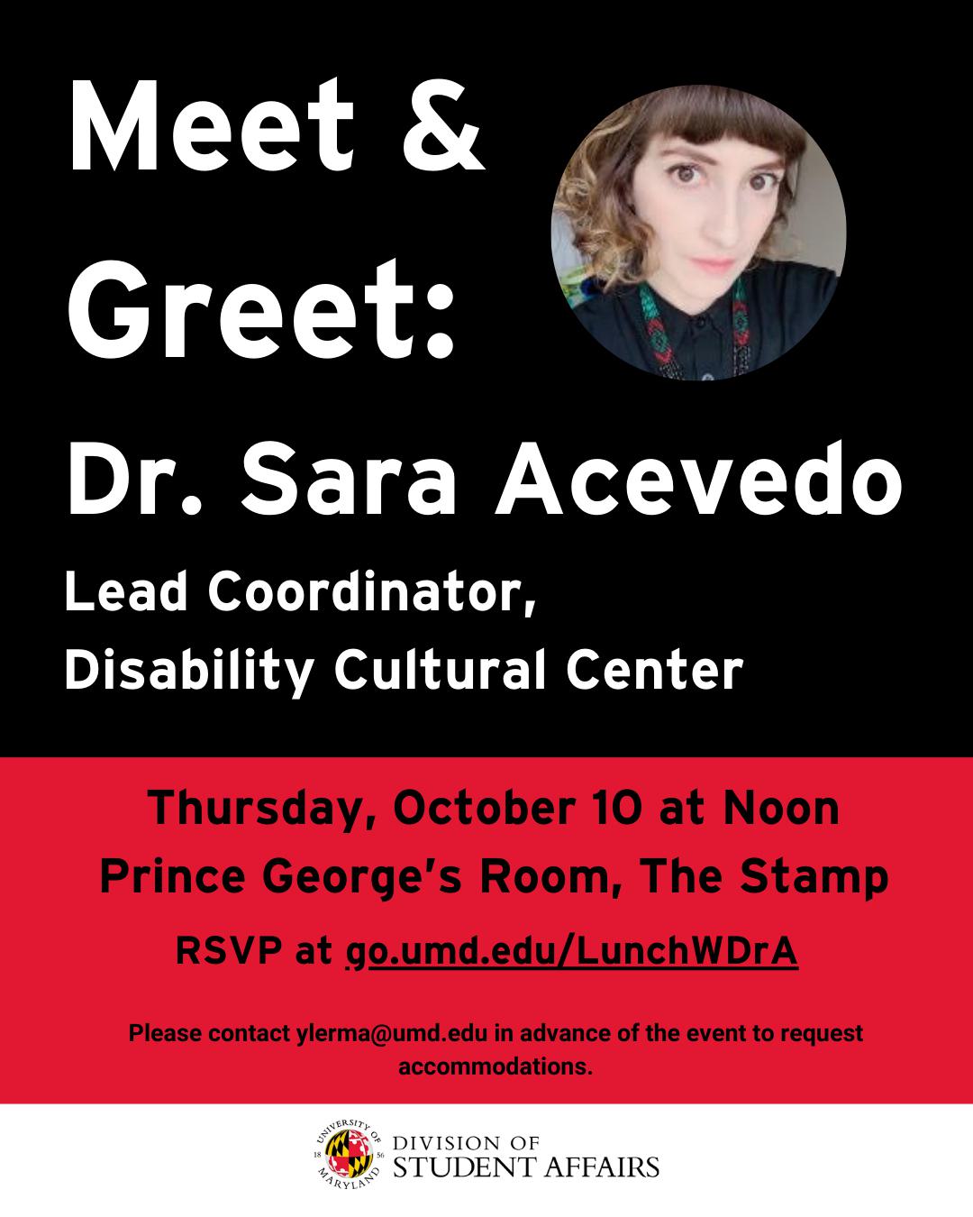 Meet and Greet Poster with headshot of Sara