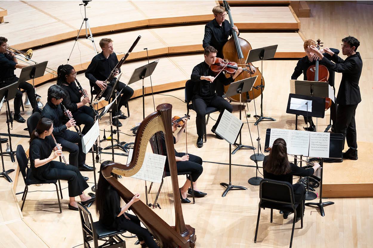 Orchestra members perform on stage.