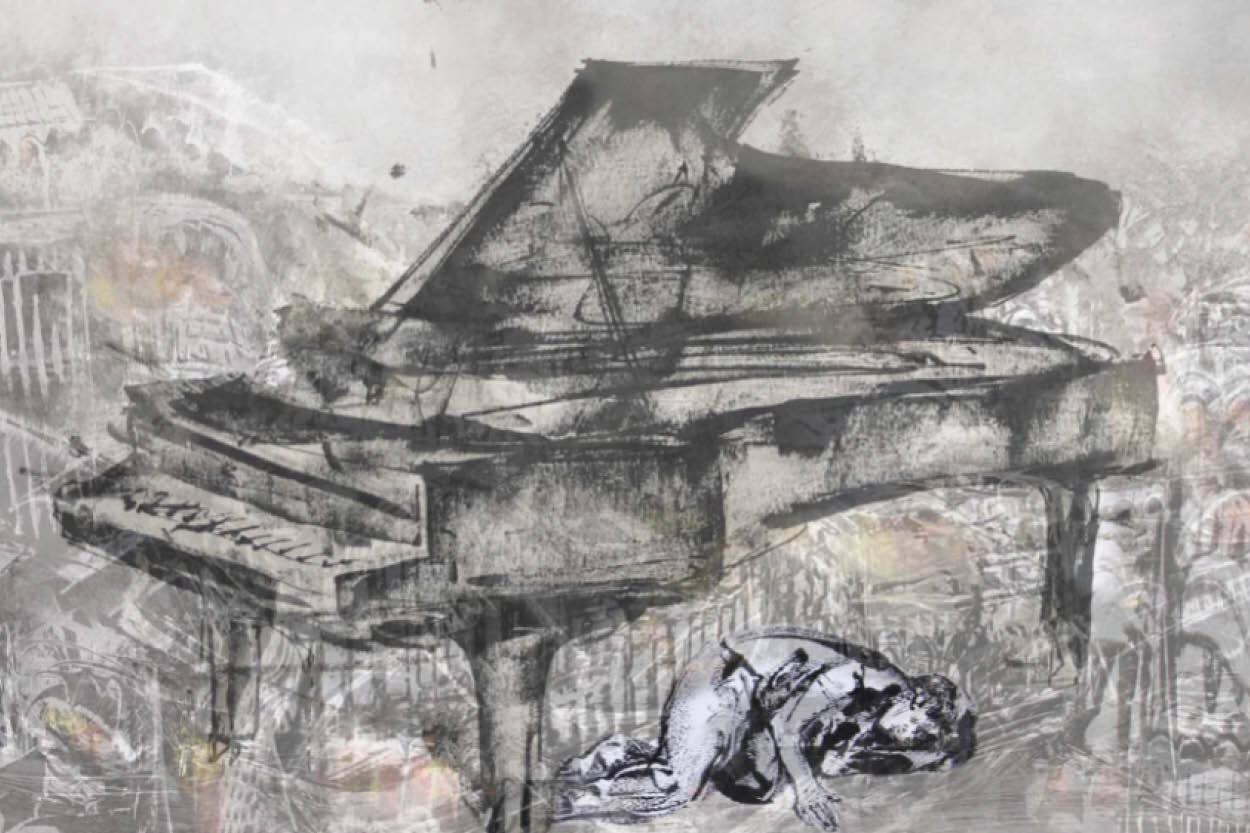 A painting of a person laying underneath a grand piano.