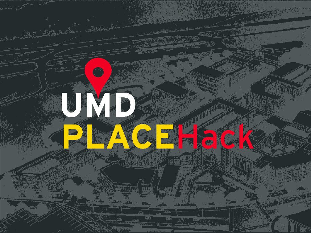 UMD PLACEhack logo in the background a faded white outline of the Aviation Village site plan.