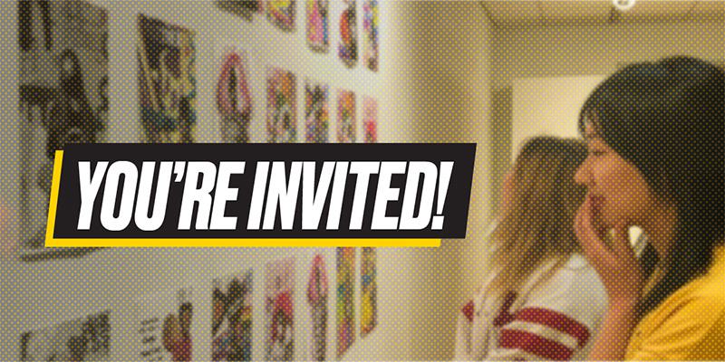 "You're Invited!" text with a Stamp Gallery background