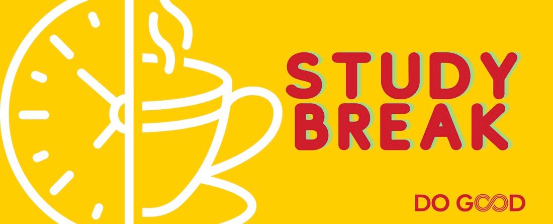 Image of a clock and coffee cup with the words "Study Break"
