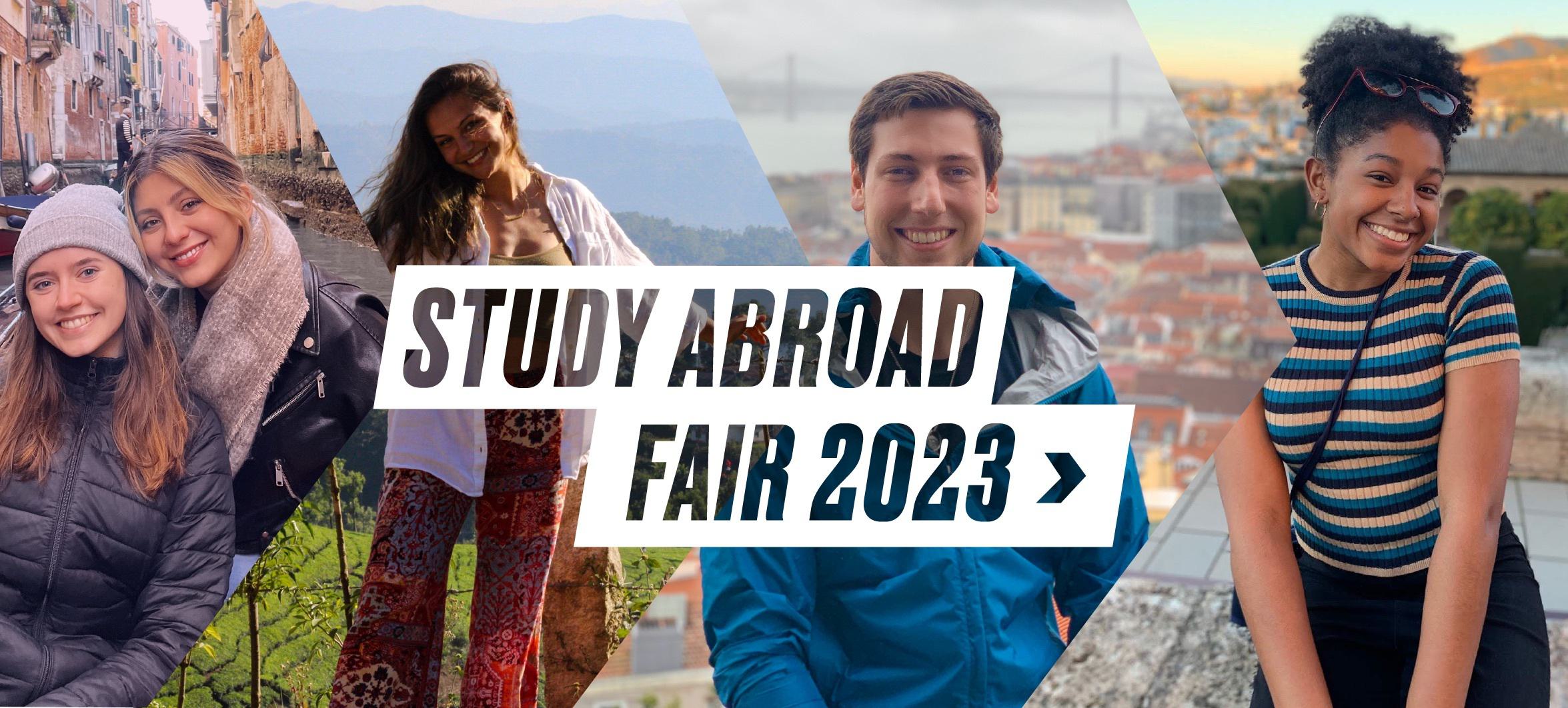 Four photos of UMD students in locations around the world with overlay text that reads "Study Abroad Fair 2023"