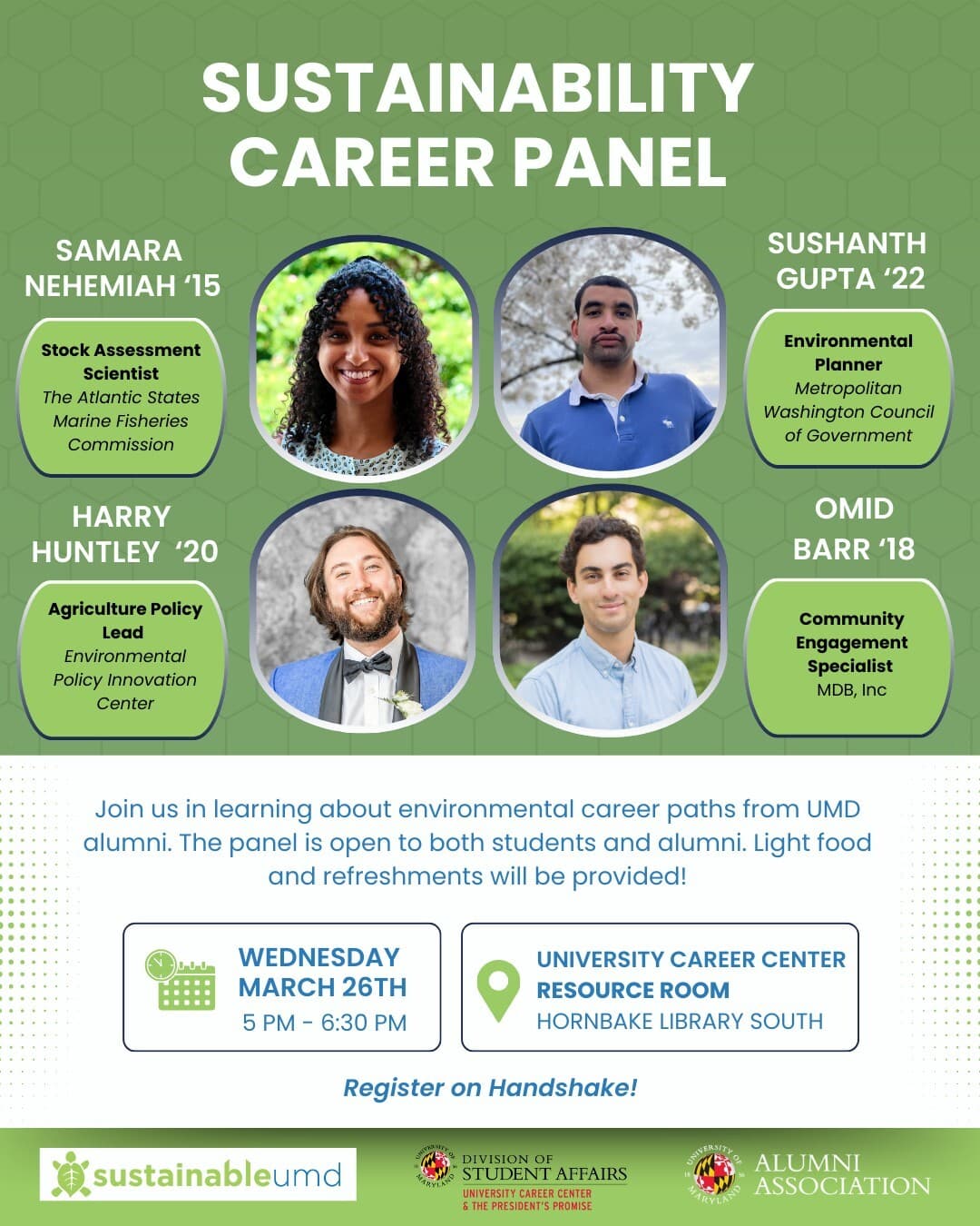Sustainability Career Panel Promotional Graphic with Four Alumni Speaking