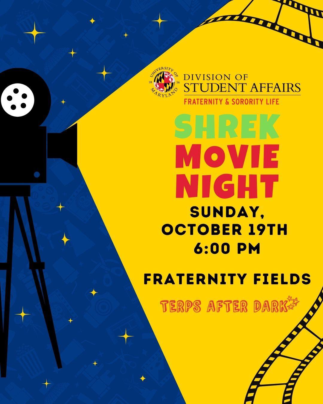 Graphic showing the date and time for the Shrek Movie Night with DFSL