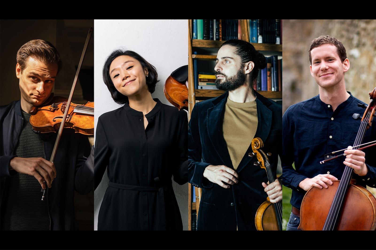 A collage of headshots featuring the members of the Tesla Quartet.