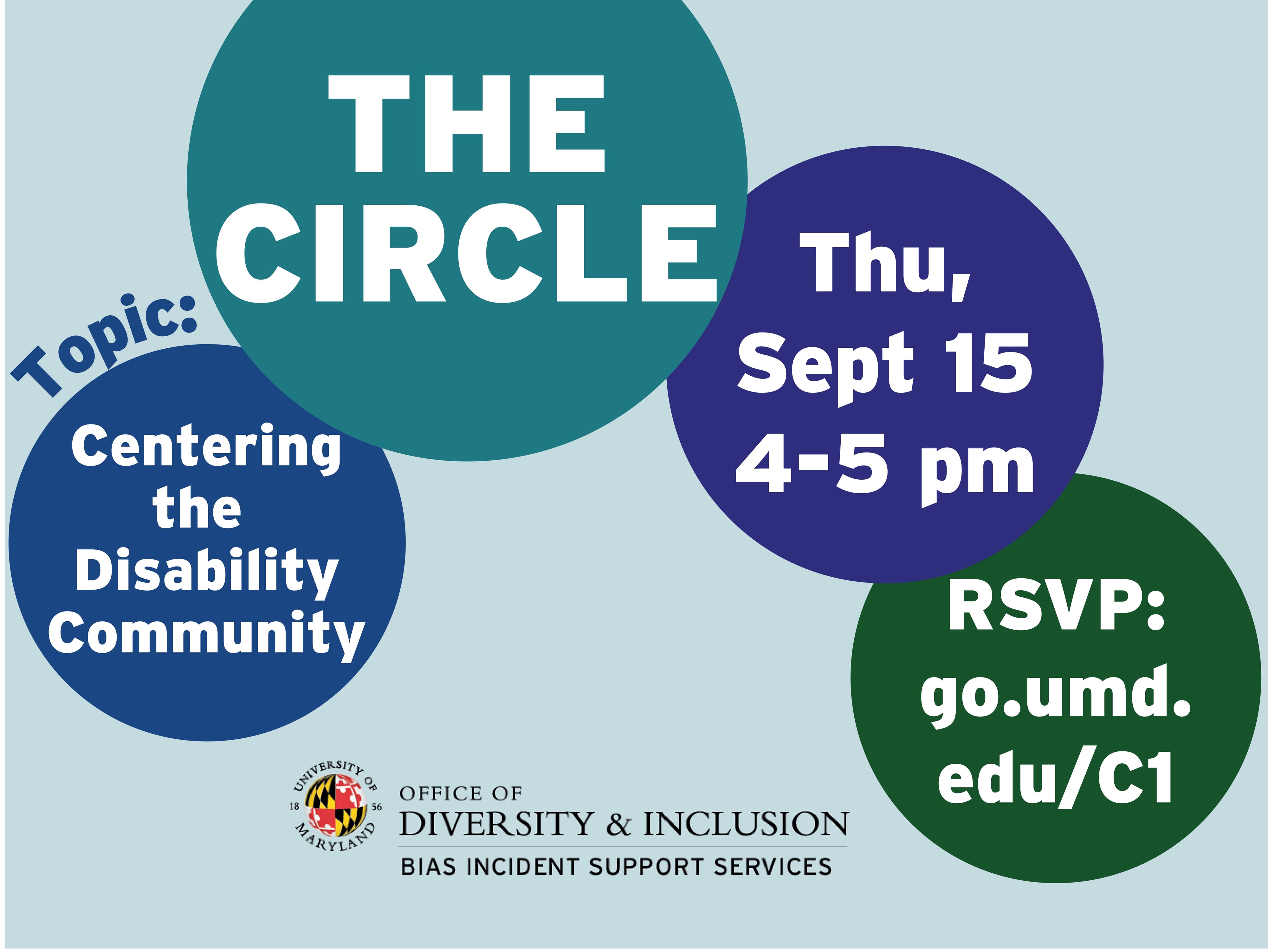 Event details are repeated in an overlapping circle design
