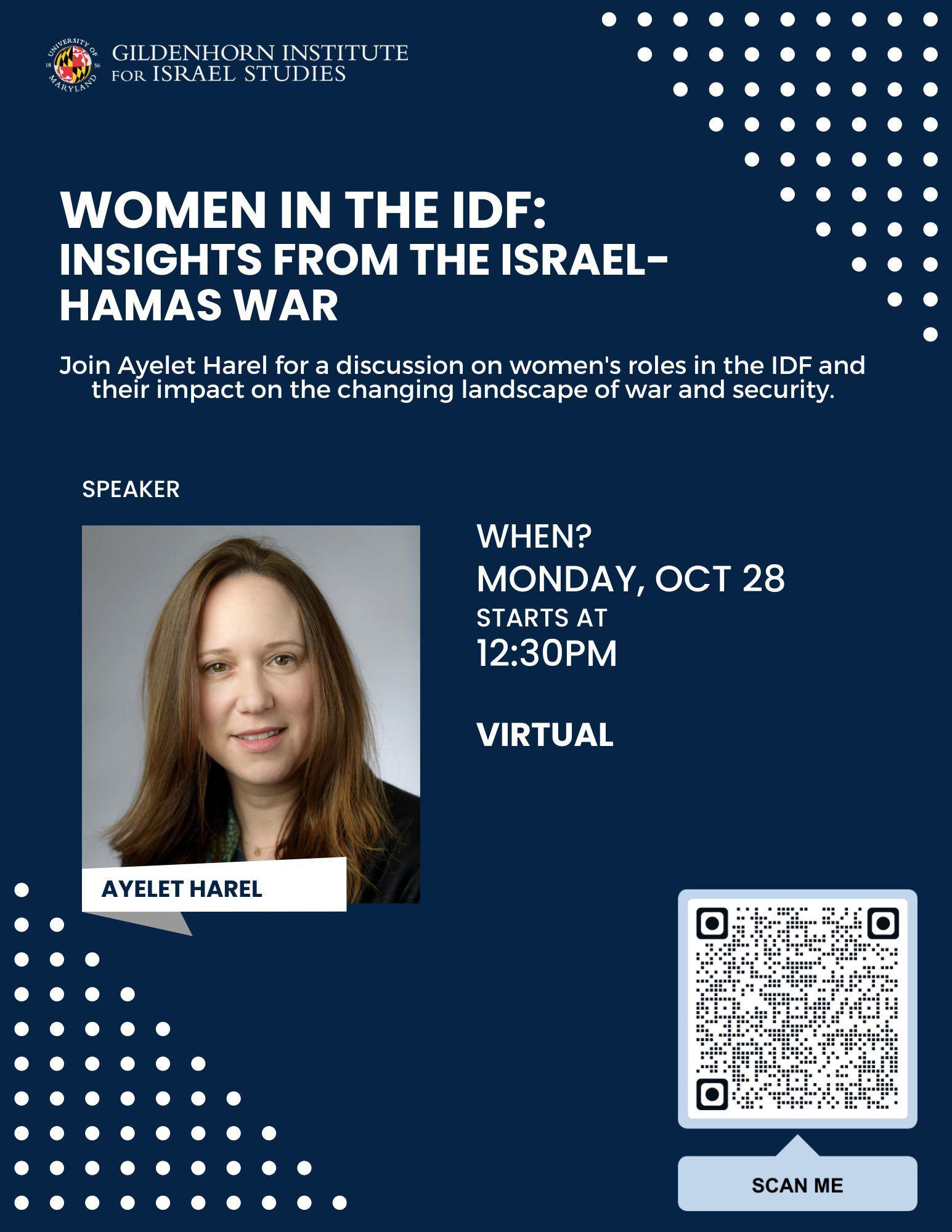 Event flyer with speaker Ayelet Harel headshot