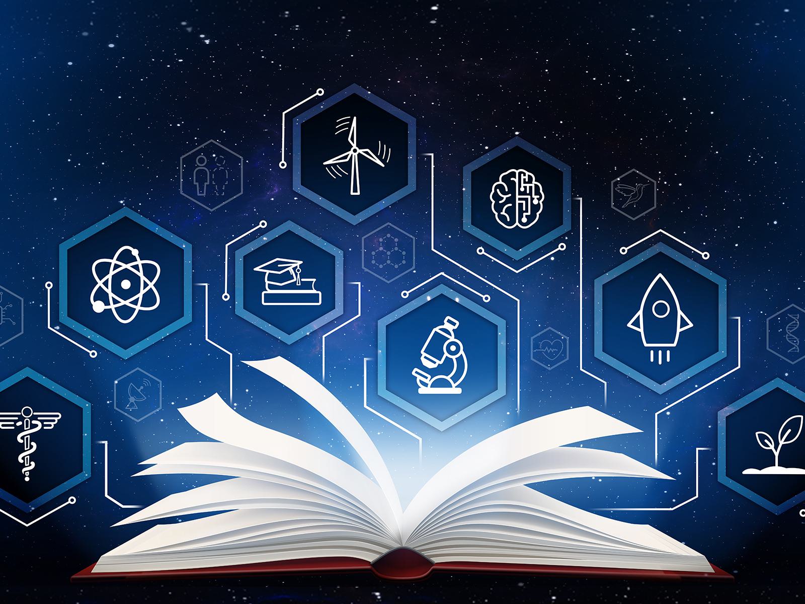 Open book with science related graphics popping out of it.