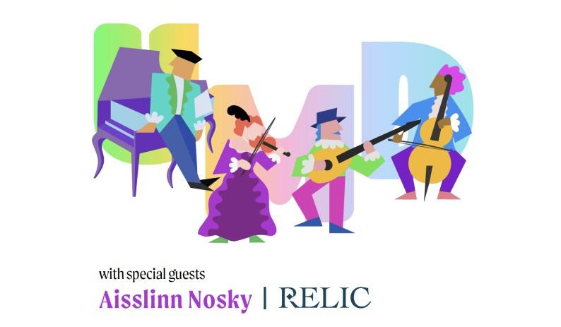 A digital design of people in old-fashioned clothes playing instruments.