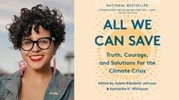 headshot of Favianna Rodriguez and book cover of All We Can Save