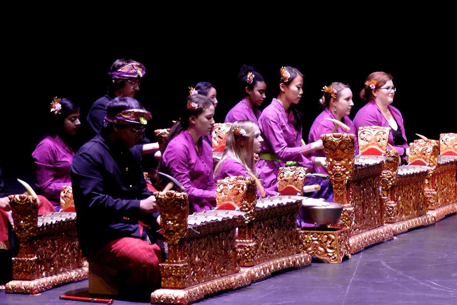 UMD Balinese Gamelan Saraswati Ensemble members performing.