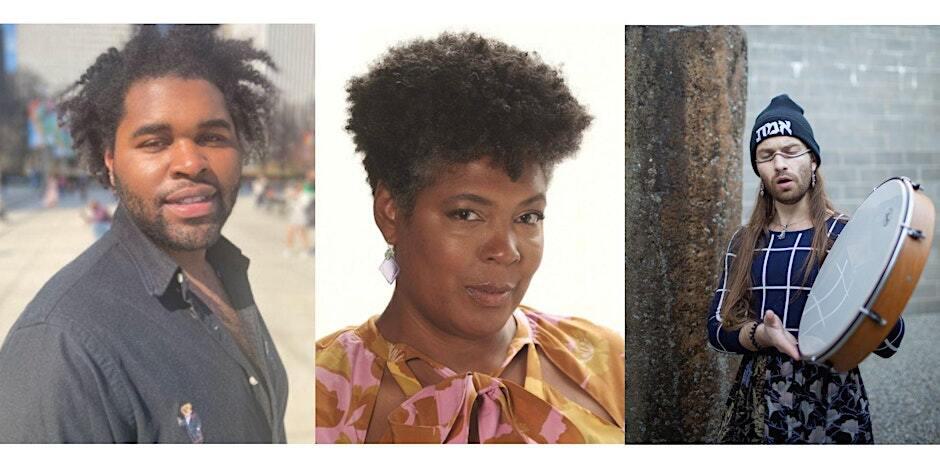 Three portraits: A man with curly hair and a beard outdoors, a woman with short natural hair in a floral blouse, and a person with long hair, a beanie, and glasses holding a frame drum.