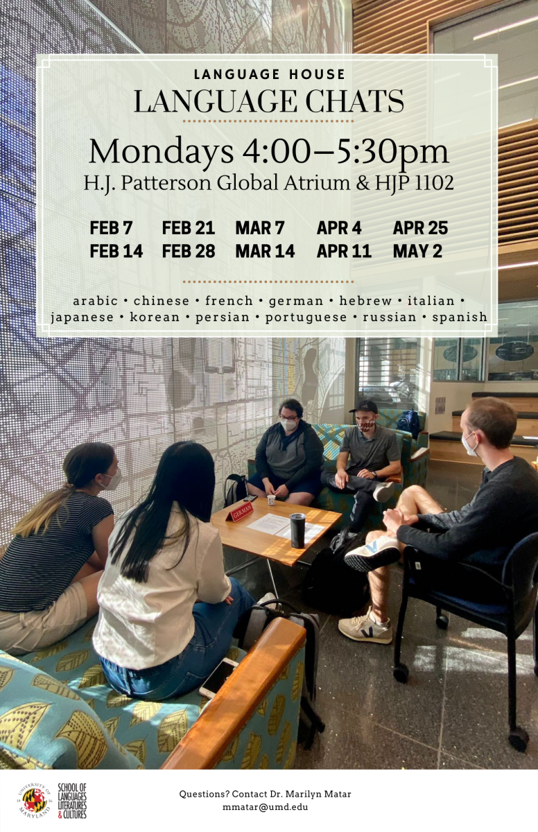 Language chats dates: Feb 7, Feb 21, April 4, April 25, April 11, May 2 from 4 PM to 5:30 PM.