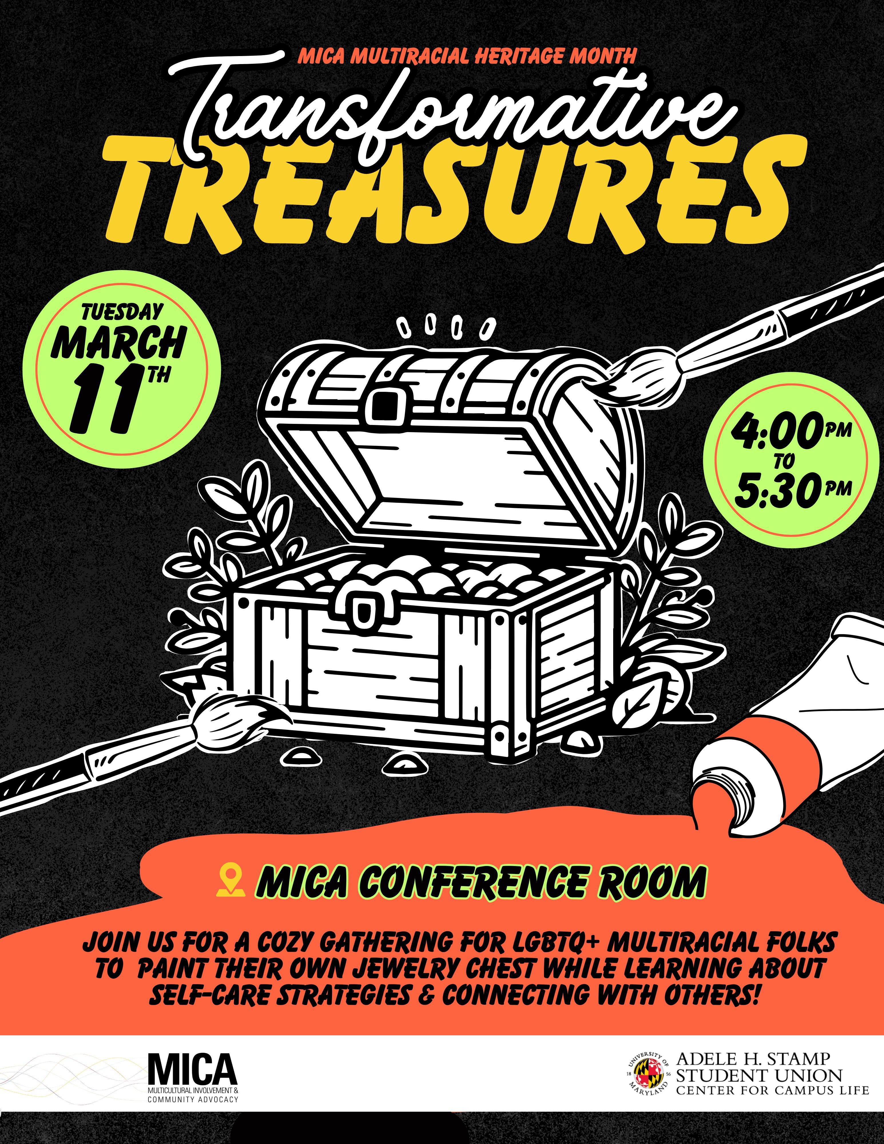 Flyer for Transformative Treasures, featuring an illustration of a treasure chest and a paintbrush.