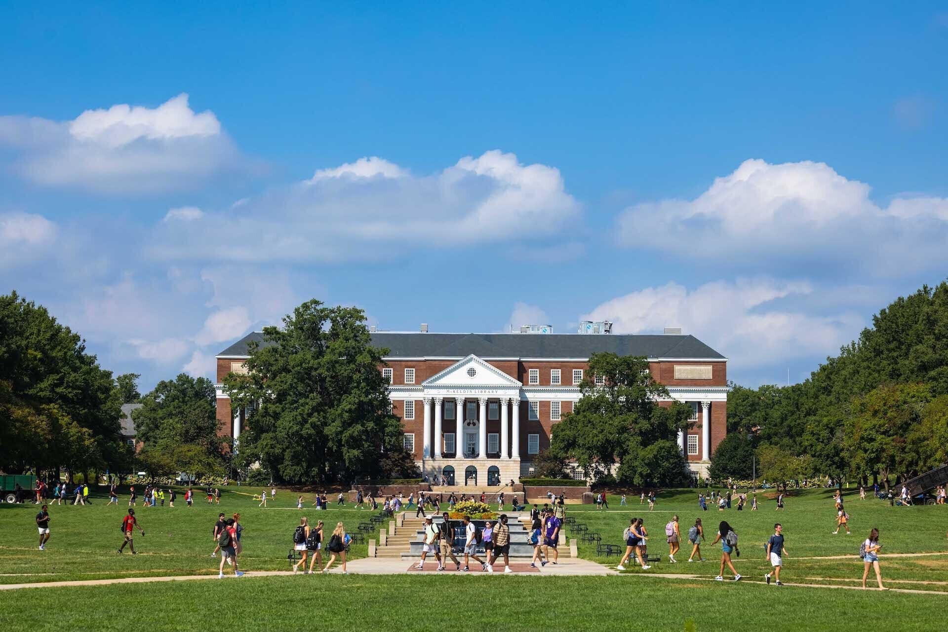 Students walking on McKeldin Mall.